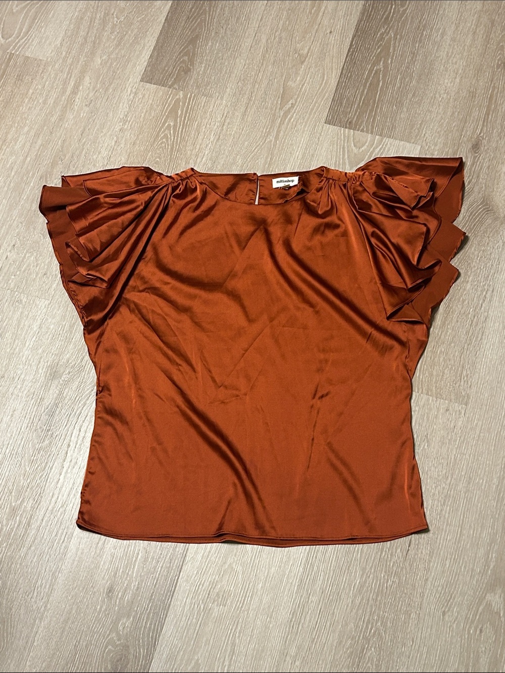 Mittoshop Rust Ruffled Satin Short Flutter Sleeve Blouse Sz M